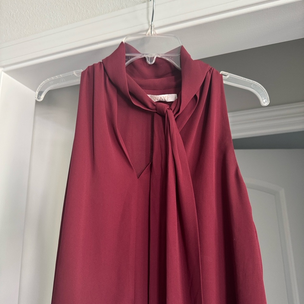Burgundy Maroon Red Front Tie Sleeveless Work Office Corporate Dress Blouse